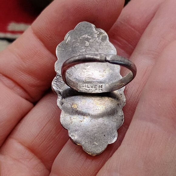 Vintage Mexico Silver Adjustable Black Onyx Ring Intricate Scroll Design Unisex - Picture 5 of 7